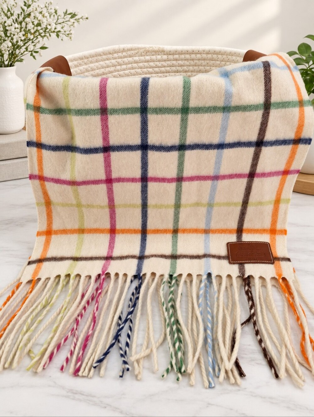 Coach Legacy Tattersall 100% Cashmere Plaid Fringe Scarf Ivory Multicolor EUC